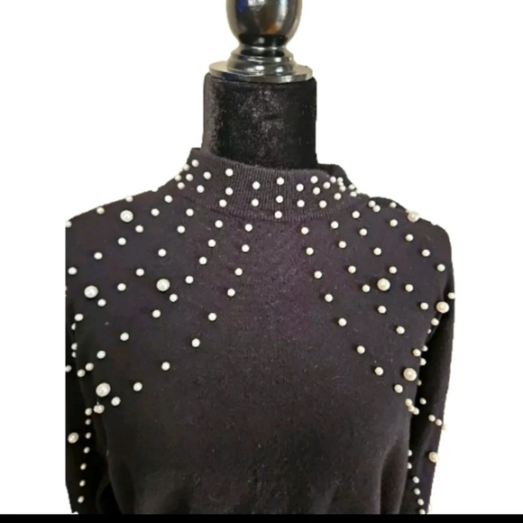 Bebe Womens Black Slightly Cropped Mock Neck Sweater With Pearl Accents M - Picture 5 of 13